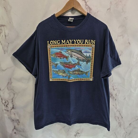 Roy Troll T Shirt Mens XL Blue Salmon Long May You Run Crew Neck Tee T 2021 - Picture 1 of 11